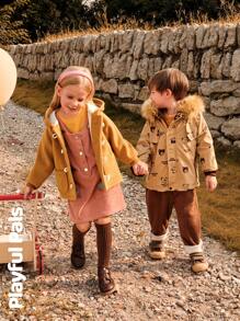 SHEIN 1pc Young Boy Cute Retro Casual Bear Print Long Sleeve Straight Cut Mid-Length Thermal Lined Hooded Padded Coat,Home & Outdoor,Spring/Autumn/Winter - Apricot - View 6