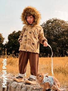 SHEIN 1pc Young Boy Cute Retro Casual Bear Print Long Sleeve Straight Cut Mid-Length Thermal Lined Hooded Padded Coat,Home & Outdoor,Spring/Autumn/Winter - Apricot - View 15
