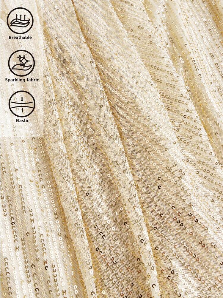 SHEIN Maija Women's Khaki Sequin Solid Color Pleated Skirt For Party