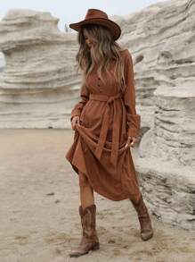 Aveloria Modichic High-End Velour V-Neck Buttoned Cinched Waist Waist Slimming Long Sleeve Dress For Women