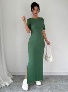 Chiquease 女士夏季纯色开叉大腿 T 恤连衣裙（无包袋）超长女士服装 - 綠色 - 查看 1