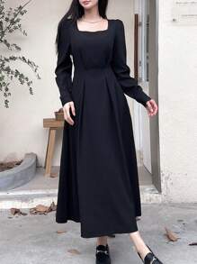 Rafferiza 女士休闲黑色后腰系带长裙，秋季长款女装 - 黑色 - 查看 4