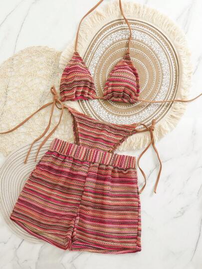 Swim Mod Set de 3 piezas de cubrecosturas de bikini con cordón de ganchillo y tejido bohemio para el verano