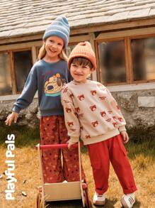 SHEIN 2 pièces Ensemble de jeune garçon mignon/vintage/décontracté avec imprimé ours, manches longues, col rond, convient pour la maison et les jeux en extérieur, printemps/automne/hiver