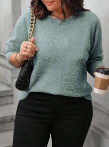 Calvaya Suéter Plus Size Casual Blend de Malha com Gola Redonda, Outono/Inverno - Azul Esverdiado - Ver 7