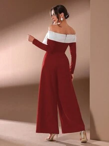 SHEIN Belle Burgundy Red Women's Colorblock Bow Detail Christmas Party Jumpsuit, Elegant - Burgundy - View 2
