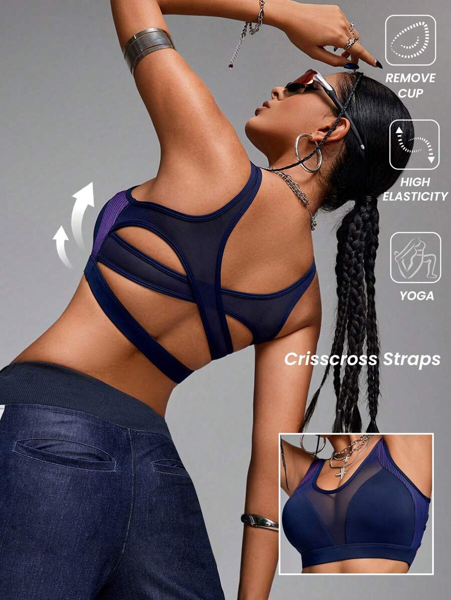 Innovista 女士网眼透气性感拼色运动胸罩、健身房锻炼和日常休闲、健身背心、镂空上衣、聚拢胸罩、瑜伽、秋季、蓝紫色运动胸罩 - 藏蓝色 - 查看 1