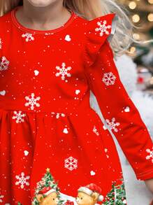 SHEIN Impression de jeune fille de Noël, ours du Père Noël, bonhomme en pain d'épice, impression flocon de neige en forme de cœur, impression mignonne de nœud papillon de dessin animé. Robe à manches longues douce et appropriée pour l'automne-hiver, tenue de fête de Noël