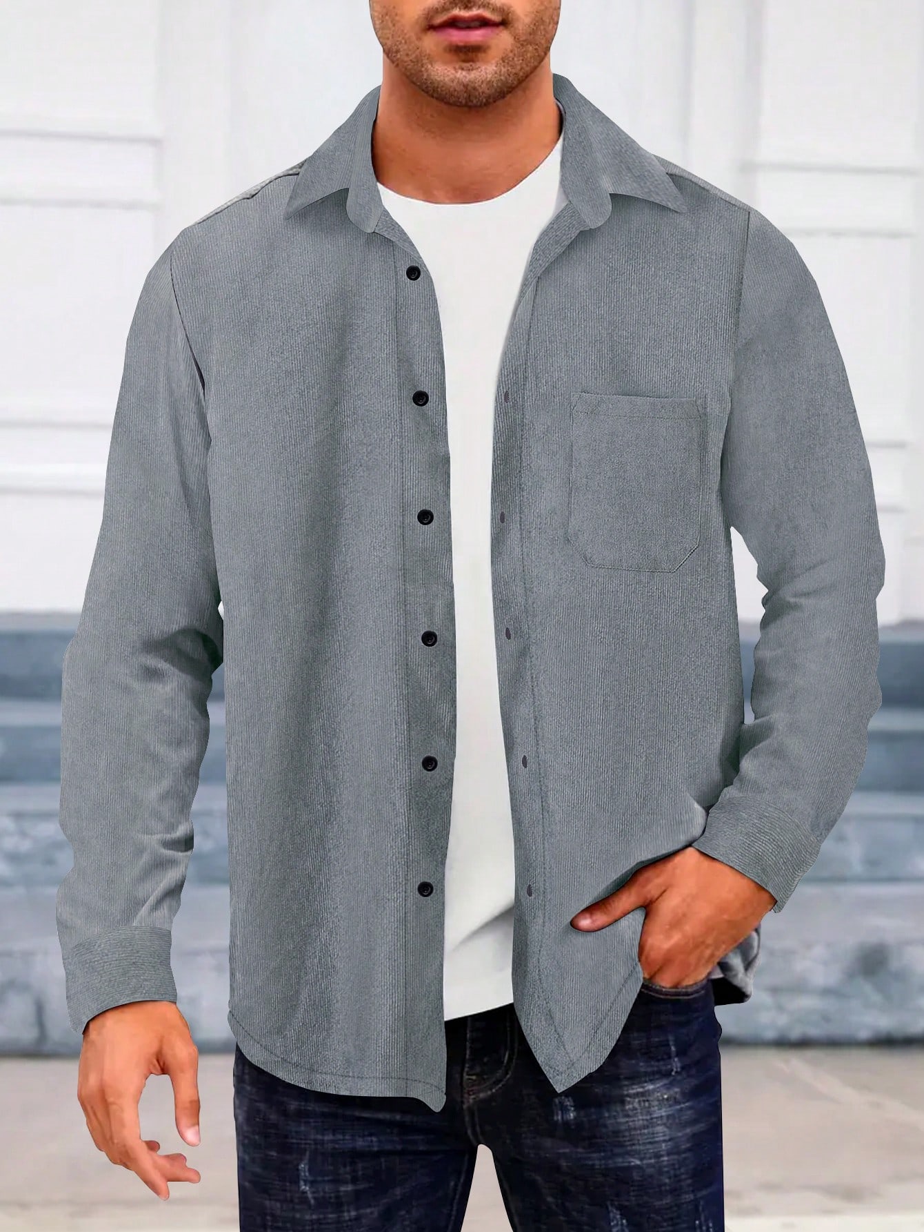 Men's Solid Color Long Sleeve Pocket Casual Shacket For Spring And Autumn