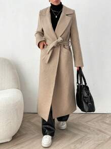 EURMUSE French Loose Fit Pockets Belt Thick Long Jacket - Apricot - View 5