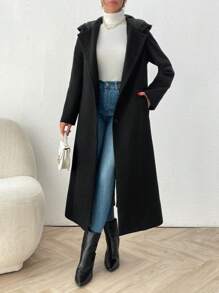 SHEIN Gruby, długi płaszcz z kapturem, kieszeniami i guzikami