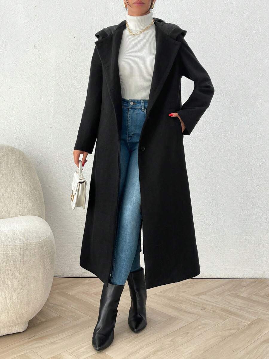 SHEIN Gruby, długi płaszcz z kapturem, kieszeniami i guzikami