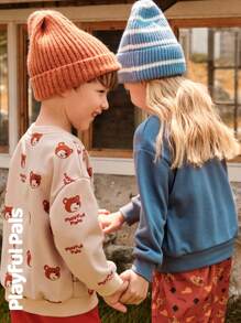 SHEIN 2 pièces Ensemble de jeune garçon mignon/vintage/décontracté avec imprimé ours, manches longues, col rond, convient pour la maison et les jeux en extérieur, printemps/automne/hiver