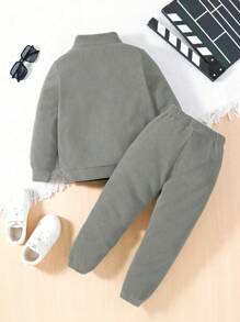 SHEIN 2 件套年轻男孩休闲字母刺绣羊毛运动衫和裤子套装，秋冬 - 灰色 - 查看 2