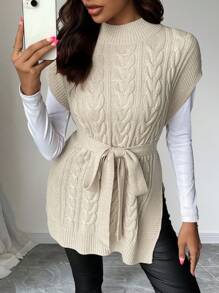 EMERY ROSE Chaleco de punto casual con cuello alto, abertura lateral y bajo para mujer de color liso - Albaricoque - Ver 5