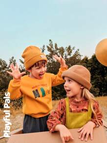 SHEIN 2 件年轻女孩可爱/复古/休闲小狗全身印花长袖衬衫和吊带裙 2 件套，适合室内和室外，春/秋/冬