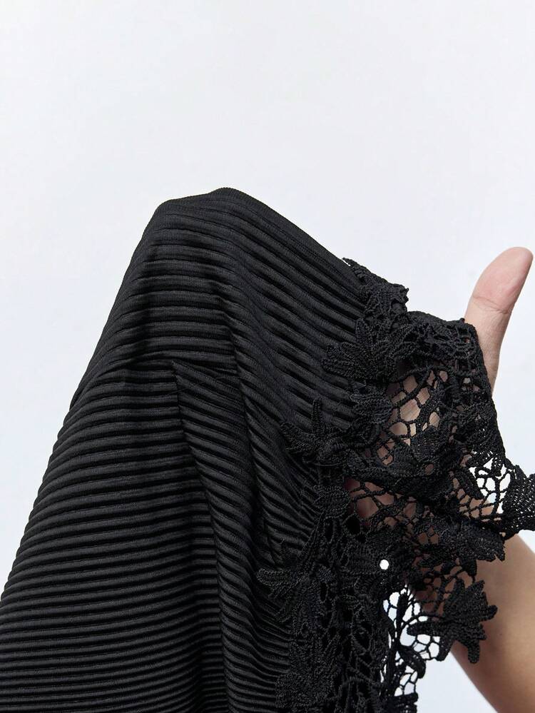 SHEIN Maija Women's Black Solid Lace Patchwork Wide Leg Pants