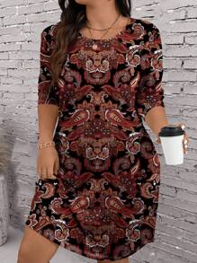 EMERY ROSE 休闲复古图案宽松圆领中长袖女式迷你连衣裙，适合夏季