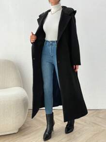 SHEIN Gruby, długi płaszcz z kapturem, kieszeniami i guzikami