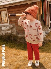 SHEIN 2 pièces Ensemble de jeune garçon mignon/vintage/décontracté avec imprimé ours, manches longues, col rond, convient pour la maison et les jeux en extérieur, printemps/automne/hiver