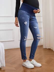 SHEIN Maternity Ripped Pocket Casual Skinny Jeans - Dark Wash - View 6
