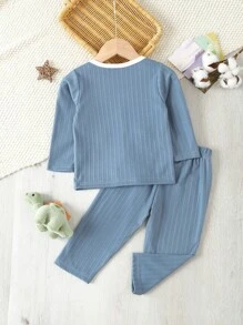 2 pezzi Outfit casual da casa per bambine composto da top a maniche lunghe blu semplice di moda e pantaloni a zampa larga - Blu - Visualizzare 2