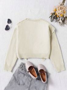 Tween Girl Oversized Crew Neck Sweater, Rose Red, Asymmetrical Ruffle Hem Design, Suitable For Christmas, New Year, Casual, Travel, School, Party