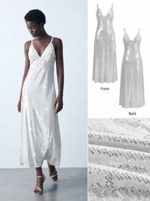 Maija 女式白色优雅长款亮片吊带裙，适合秋冬季