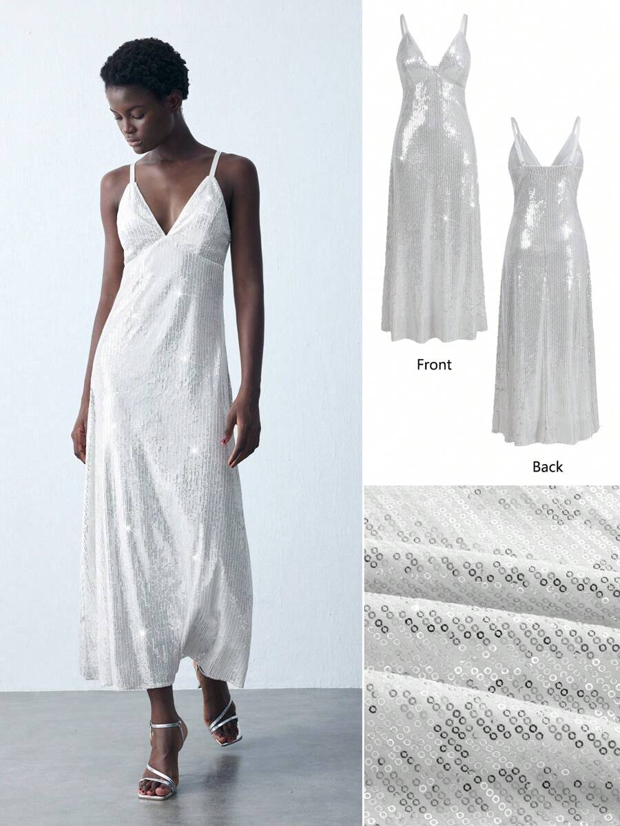 Maija 女式白色优雅长款亮片吊带裙，适合秋冬季