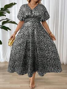 SHEIN Unity Plus Size V-Neck Leopard Print Short Sleeve Dress - Multicolor - View 1