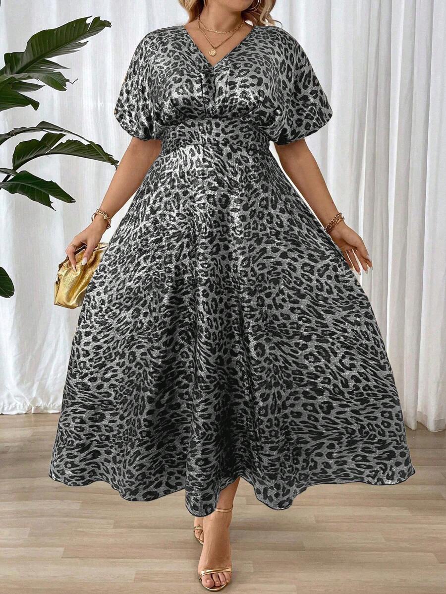 SHEIN Unity Plus Size V-Neck Leopard Print Short Sleeve Dress - Multicolor - View 1