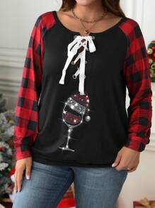 SHEIN LUNE 大码格子印花拼布长袖 T 恤搭配圣诞帽和酒杯图案，秋季休闲装 - 黑色 - 查看 5