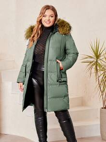 Astrid Plus Zip Up Fuzzy Hooded Padded Coat - Dark Grey - View 3