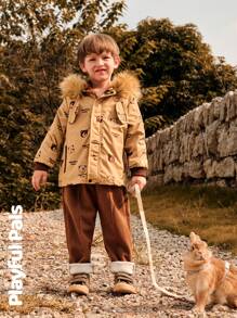 SHEIN 1pc Young Boy Cute Retro Casual Bear Print Long Sleeve Straight Cut Mid-Length Thermal Lined Hooded Padded Coat,Home & Outdoor,Spring/Autumn/Winter - Apricot - View 11