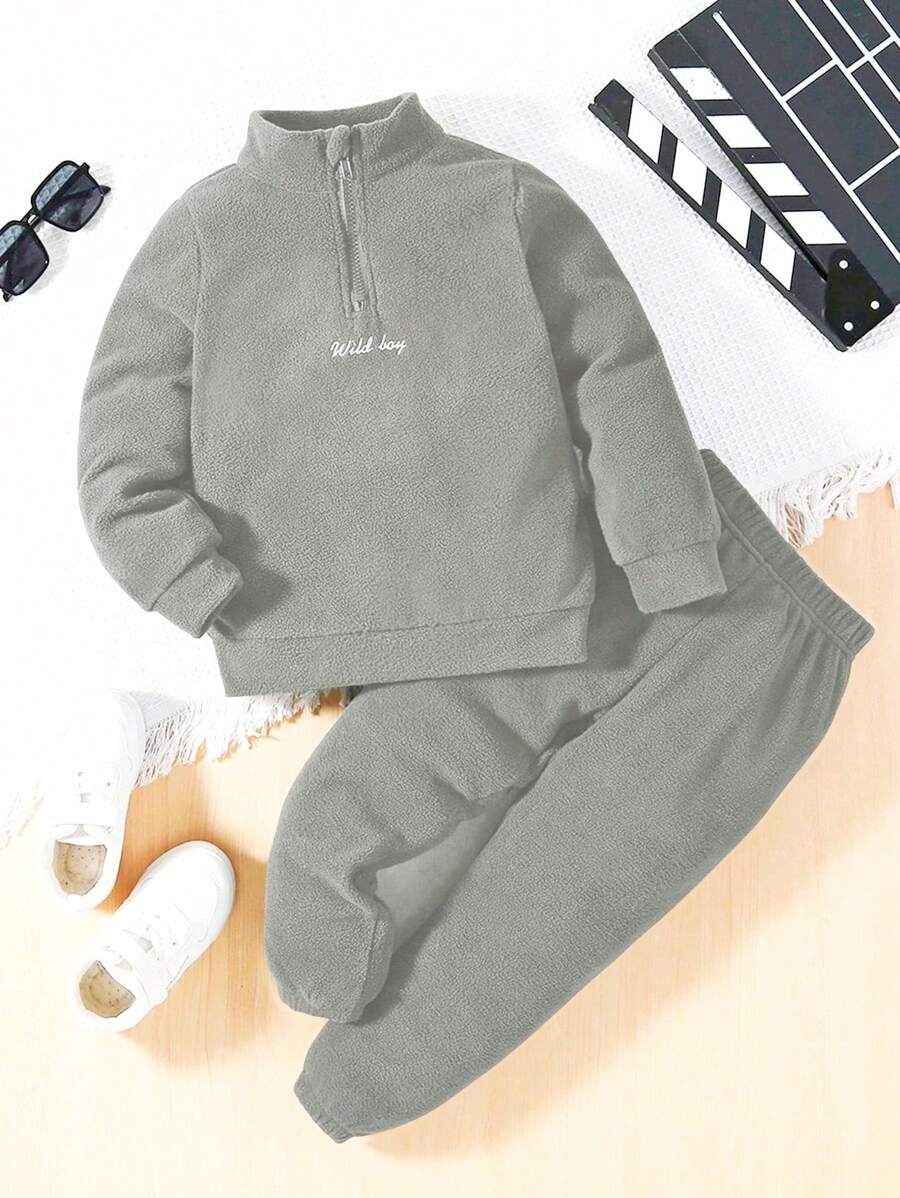 SHEIN 2 件套年轻男孩休闲字母刺绣羊毛运动衫和裤子套装，秋冬 - 灰色 - 查看 1