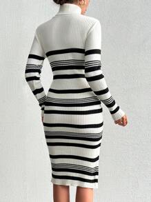 EURMUSE Striped Pattern Turtleneck Sweater Dress - Multicolor - View 2