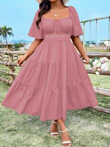 SHEIN LUNE 加大码甜心领刺绣优雅长裙女装 - 藕粉色 - 查看 6