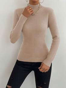 GlowEve 女士简约纯色高领长袖保暖毛衣，秋冬季长袖针织套头衫 - 卡其色 - 查看 4