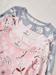3pcs/Set Young Girl Cute Rabbit & Ditsy Floral Long Sleeve Snug Fit Long Pants Pajamas Set - Multicolor - View 3