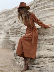 Aveloria Modichic High-End Velour V-Neck Buttoned Cinched Waist Waist Slimming Long Sleeve Dress For Women