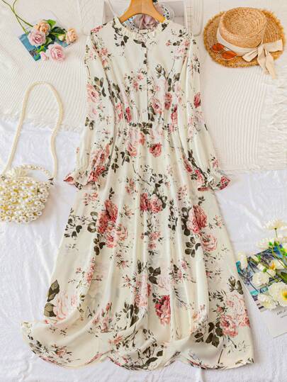 DreamSkyne Plus Size Women Floral Print Long Sleeve Dress Maxi Women Outfit