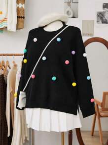 Flirla 大码时尚宽松毛球装饰圆领圣诞毛衣针织套头衫秋冬款 - 黑色 - 查看 7