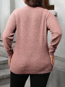 Calvaya Plus Size Casual Mixed Fabric Round Neck Sweater, Fall/Winter Knit Pullover - Pink - View 2