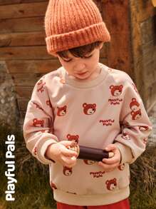 SHEIN 2 pièces Ensemble de jeune garçon mignon/vintage/décontracté avec imprimé ours, manches longues, col rond, convient pour la maison et les jeux en extérieur, printemps/automne/hiver