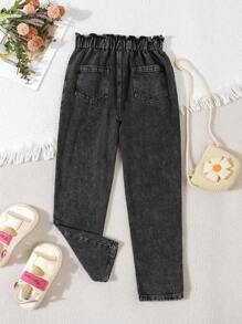 SHEIN Vintaside Kids Tween Girl Autumn Fashionable Embroidered Casual Denim Jeans Summer Holiday - Black - View 2