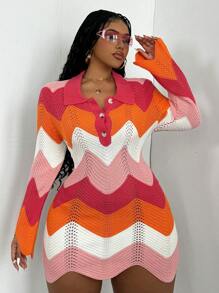 Maweii Plus Size Stylish Color Block Slim Fit Sweater Dress, Autumn/Winter - Multicolor - View 3