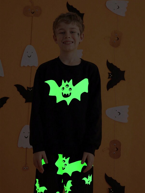 THE HAPPY LOOK Tween Boys Glow In The Dark Bat Print Black Knit Crew Neck Long Sleeve Casual Pullover Sweatshirt, Autumn/Winter