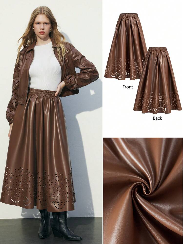 SHEIN Maija Damen braun einfarbiger, elastischer Bund, lasergeschnittener, langer, eleganter Rock aus PU-Leder für Herbst & Winter
