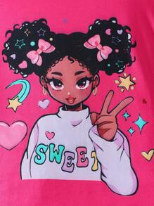 Tween Girl 紧身图案印花短袖上衣和长裤睡衣套装 - 玫紅色 - 查看 8