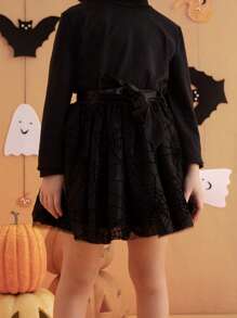 SHEIN Young Girls Spider Web Print Velvet And Mesh Skirt, Cute And For Halloween, Autumn/Winter - Black - View 1